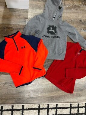 John Deere Gray Hoodie & Kids Under Armour 1/4 fleece with bonus red fleece